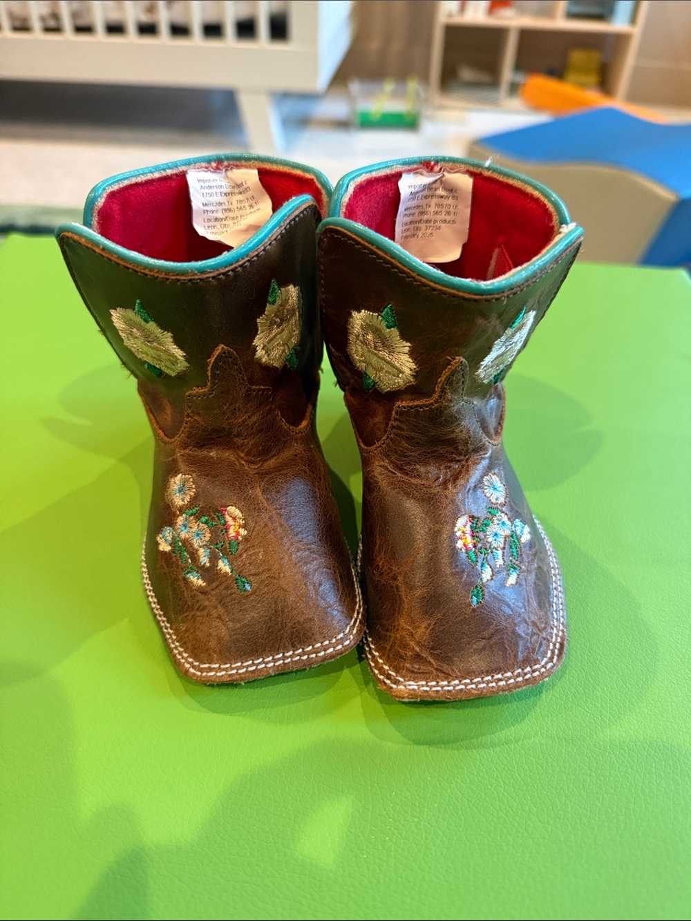 Macie Bean Brown Leather Baby Cowboy Boots with Turquoise & Pink Accents